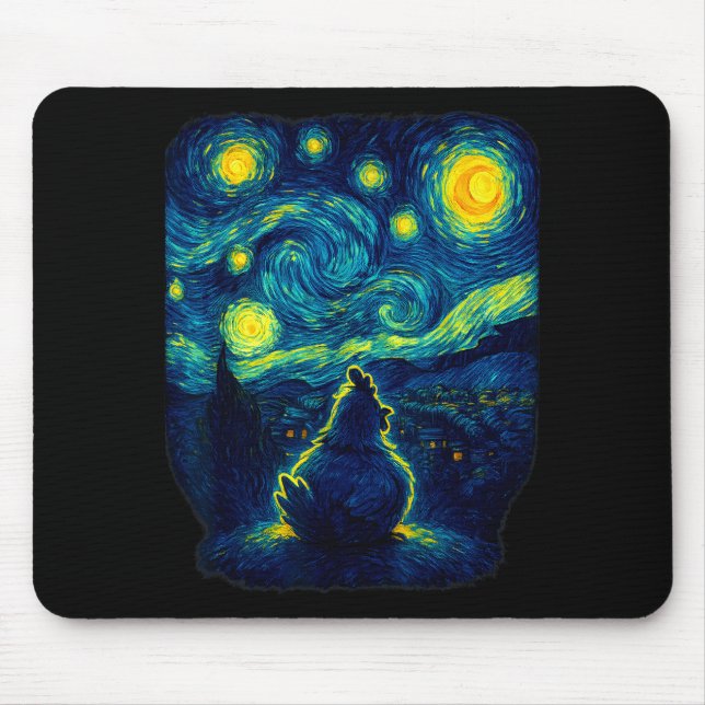 Chicken Starry Funny Night Van Gogh Farm Lover Gir Mousepad (Vorne)