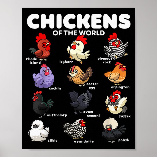 Chickens Of The World Funny Cartoon Chicken Breeds Poster (Vorne)