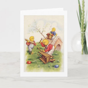 Chicks Build an Easter Cart! Vintage Easter Card Feiertagskarte