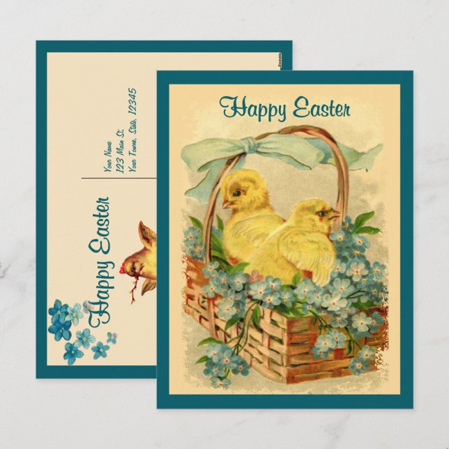 Chicks in einem Vintagen Korb Ostern Postkarte (Vorne/Hinten)