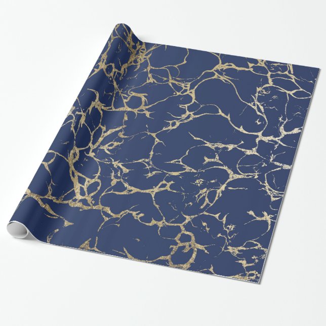 Chicmarineblau-Imitat-Goldfolien-Marmormuster Geschenkpapier (Ungerollt)