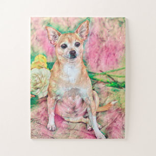 Chihuahua Art Pink Green Dog Portrait Puzzle