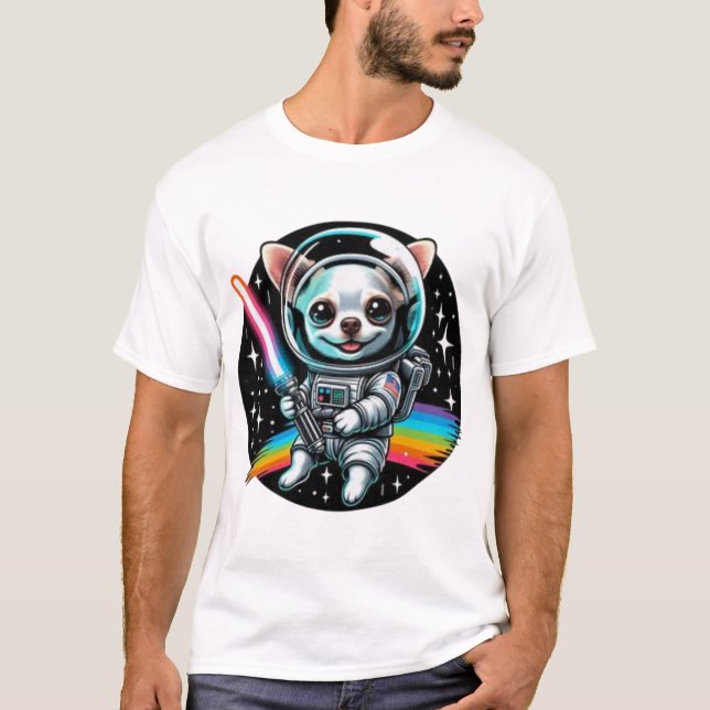 Chihuahua Astronaut mit Rainbow Lightsaber in Sp T-Shirt (Vorderseite)