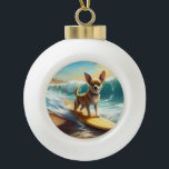 Chihuahua Beach Surfmalerei Keramik Kugel-Ornament<br><div class="desc">Tauchen Sie ein in die spielerische Welt des Kaninchen-Abenteuers mit diesem faszinierenden Bild. Ein gepflegter Hund geht zu den Wellen und reitet geschickt auf einem sonnengeküssten Strand. Das lebendige Kunstwerk vereint wunderbar das Wesentliche der Erregung am Strand, während der Hund furchtlos auf den Wellen reitet und den Geist von Spaß...</div>