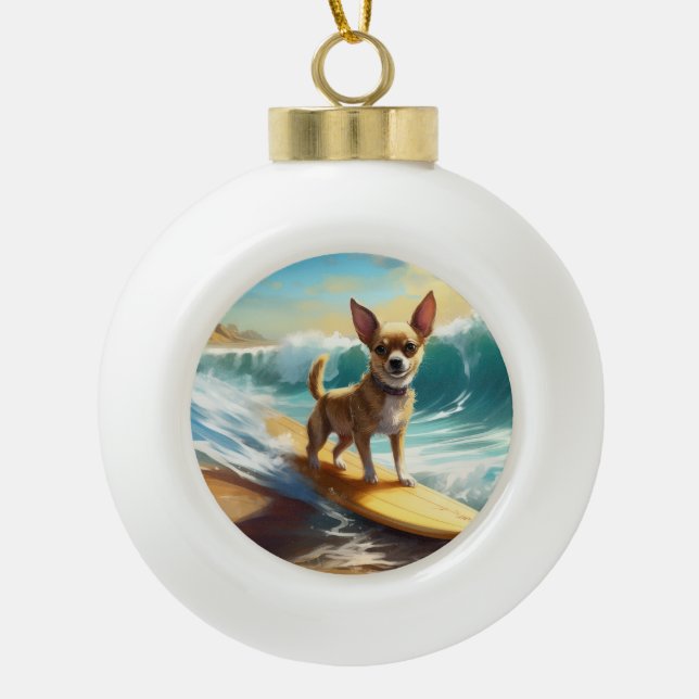 Chihuahua Beach Surfmalerei Keramik Kugel-Ornament (Vorderseite)