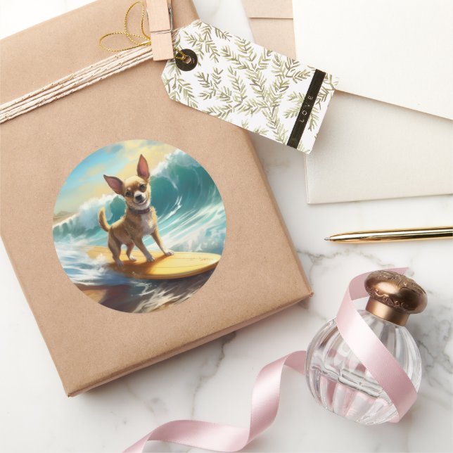 Chihuahua Beach Surfmalerei Runder Aufkleber (Schenken)