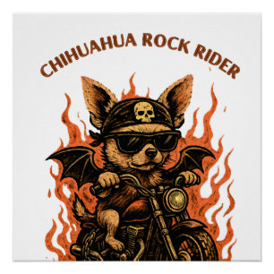 Chihuahua-Biker-Hund auf Motorrad mit Flammen Poster