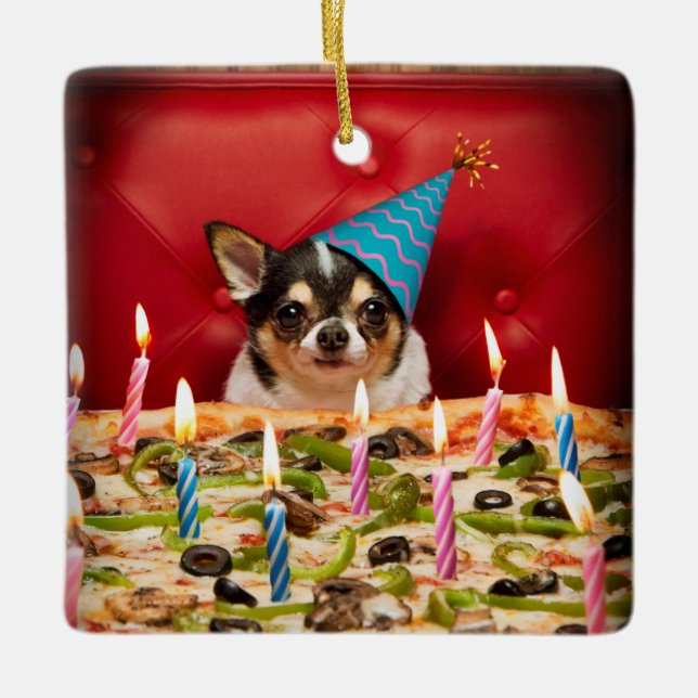 Chihuahua Birthday Pizza Pie Keramikornament (Vorderseite)