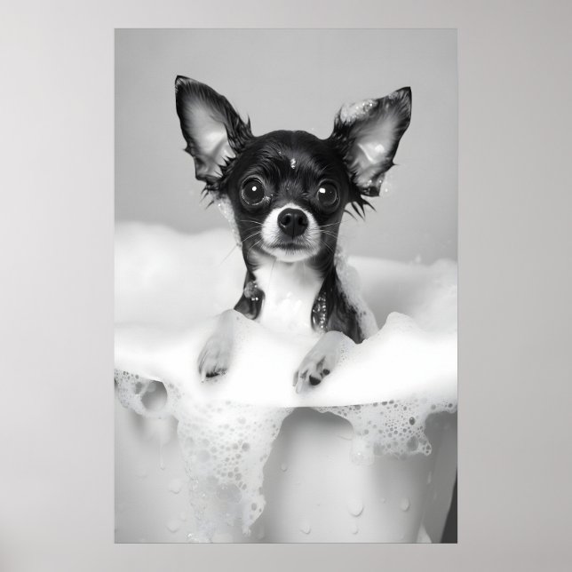 Chihuahua Bubble Bath Art Print, Funny Dog Poster (Vorne)
