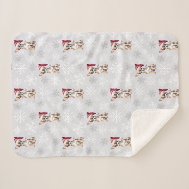 Chihuahua Chi Hund in Weihnachtsmannmütze Grau Sherpadecke (Vorderseite (Horizontal))