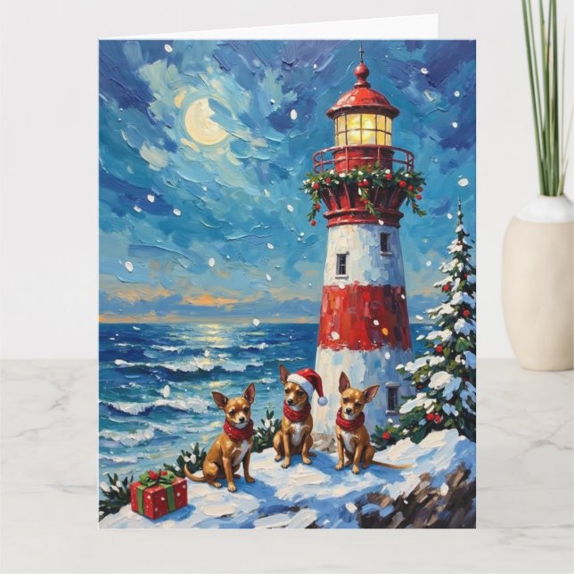 Chihuahua Christmas Lighthouse Holiday Karte (Vorderseite)