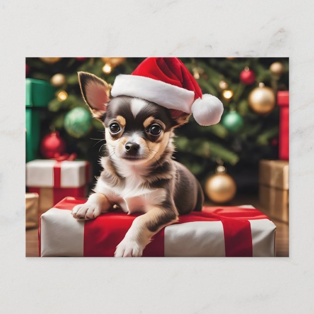 Chihuahua Christmas Puppy Feiertagspostkarte (Vorderseite)