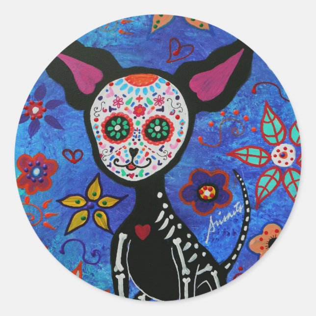 Chihuahua Dia de los Muertos Runder Aufkleber (Vorderseite)