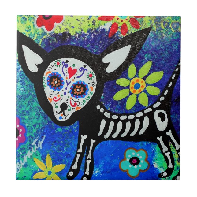 Chihuahua Dia de Los Muertos Tiles durch prisarts Fliese (Vorderseite)