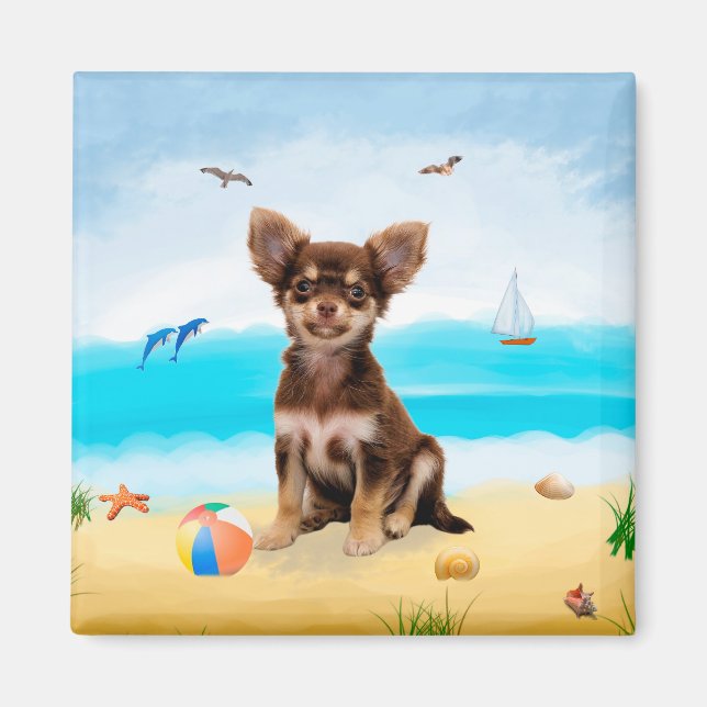 Chihuahua Dog am Strand Magnet (Vorne)