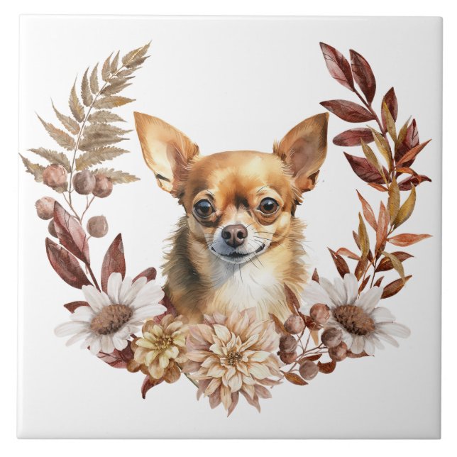 Chihuahua Dog Autumn Wreath Fliese (Vorderseite)
