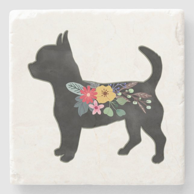 Chihuahua Dog Breed Boho Floral Silhouette Stone C Steinuntersetzer (Vorderseite)