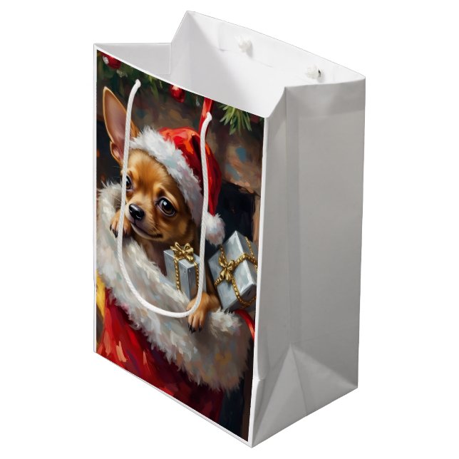 Chihuahua Dog Christmas Stocking Surprise Art Mittlere Geschenktüte (Vorderseite Schrägansicht)