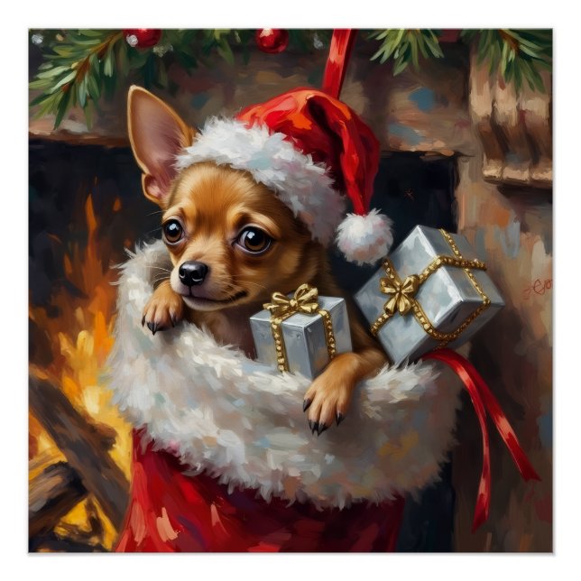 Chihuahua Dog Christmas Stocking Surprise Art Poster (Vorderseite)