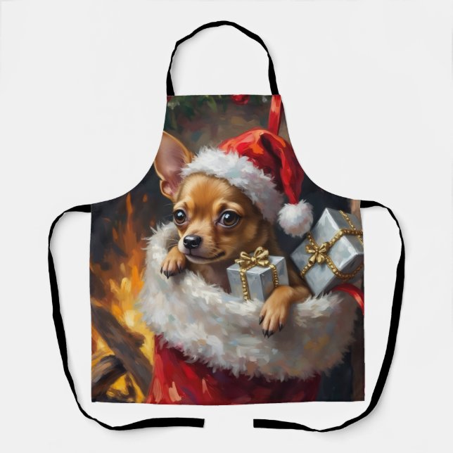Chihuahua Dog Christmas Stocking Surprise Art Schürze (Vorderseite)