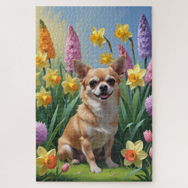 Chihuahua Dog Frühlingsblumen Malerei Puzzle (Vertikal)