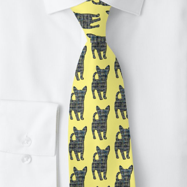 Chihuahua Dog Gelb & Blau Gridlines Gelber Neck Krawatte (Chihuahua dog silhouette grid pattern yellow tie)