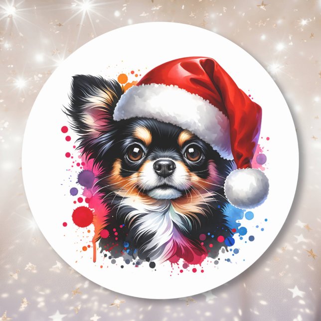 Chihuahua Dog in der Weihnachtsmannmütze Weihnacht Runder Aufkleber (Von Creator hochgeladen)