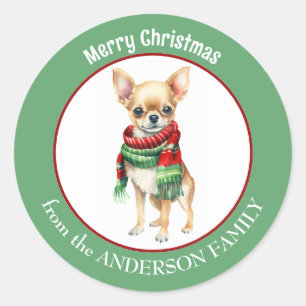 Chihuahua Dog in Rot und Grün Weihnachtslief Runder Aufkleber