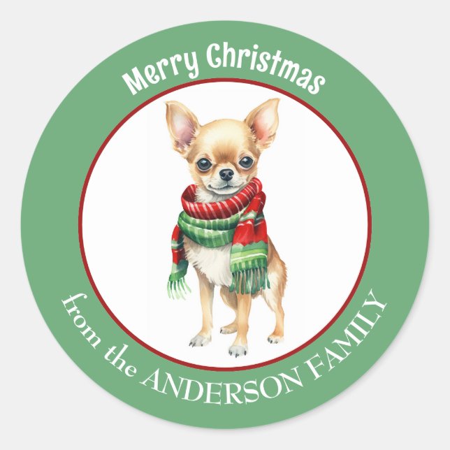 Chihuahua Dog in Rot und Grün Weihnachtslief Runder Aufkleber (Vorderseite)