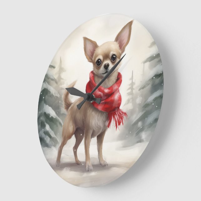 Chihuahua Dog in Schnee Weihnachten Große Wanduhr (Winkel)