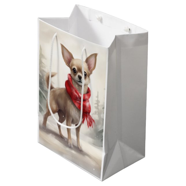Chihuahua Dog in Schnee Weihnachten Mittlere Geschenktüte (Vorderseite Schrägansicht)