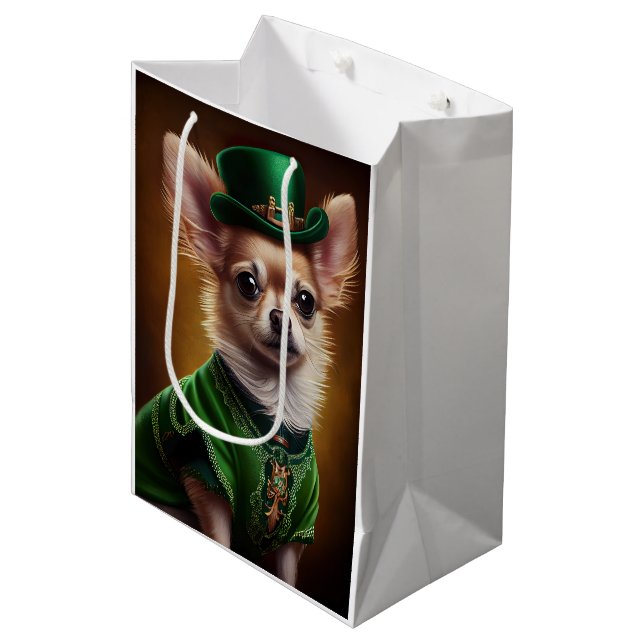Chihuahua Dog in St. Patrick's Day Dress Mittlere Geschenktüte (Vorderseite Schrägansicht)