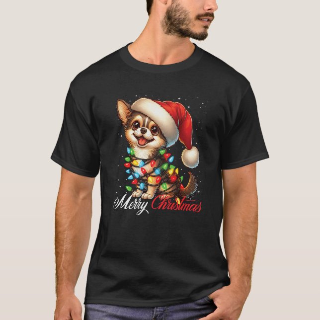 Chihuahua Dog Merry Christmas Lights Santa Hat Xma T-Shirt (Vorderseite)