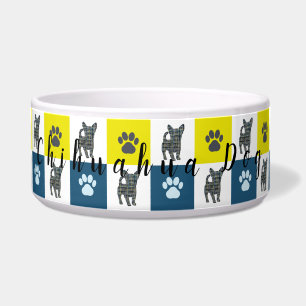 Chihuahua Dog & Paw Yellow & Blue Grid Napf