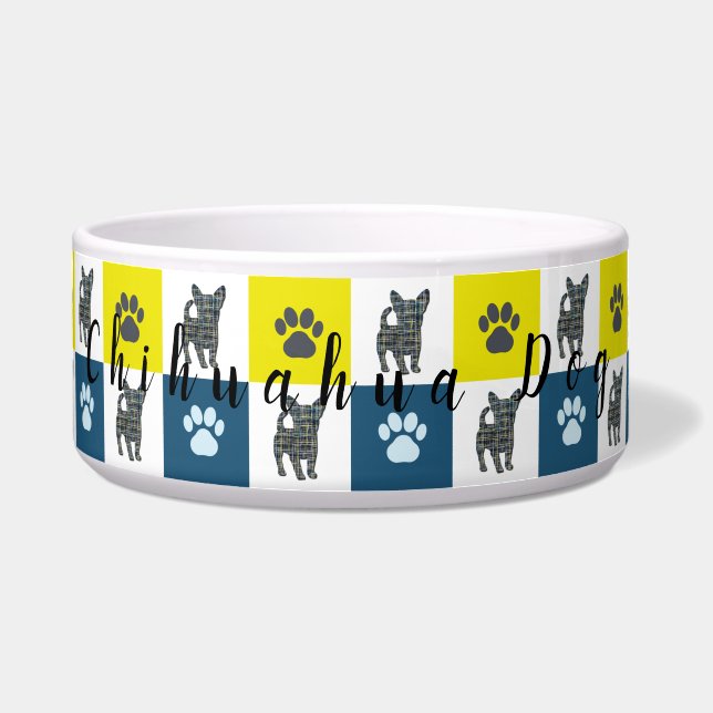 Chihuahua Dog & Paw Yellow & Blue Grid Napf (Vorderseite)