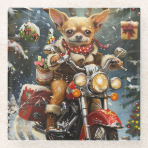 Chihuahua Dog Riding Motorrad Weihnachten Glasuntersetzer