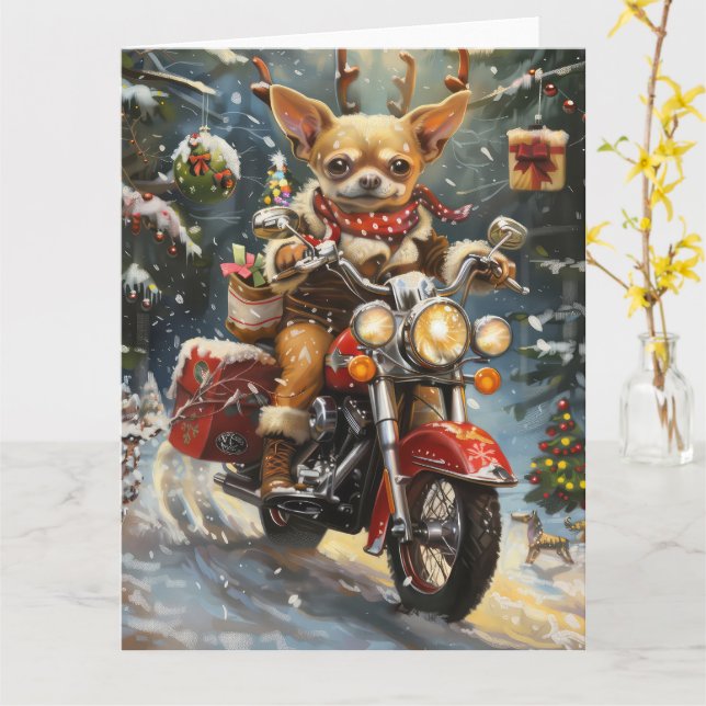 Chihuahua Dog Riding Motorrad Weihnachten Karte (Gelbe Blume)