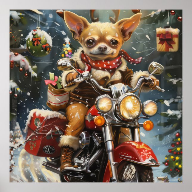 Chihuahua Dog Riding Motorrad Weihnachten Poster (Vorne)
