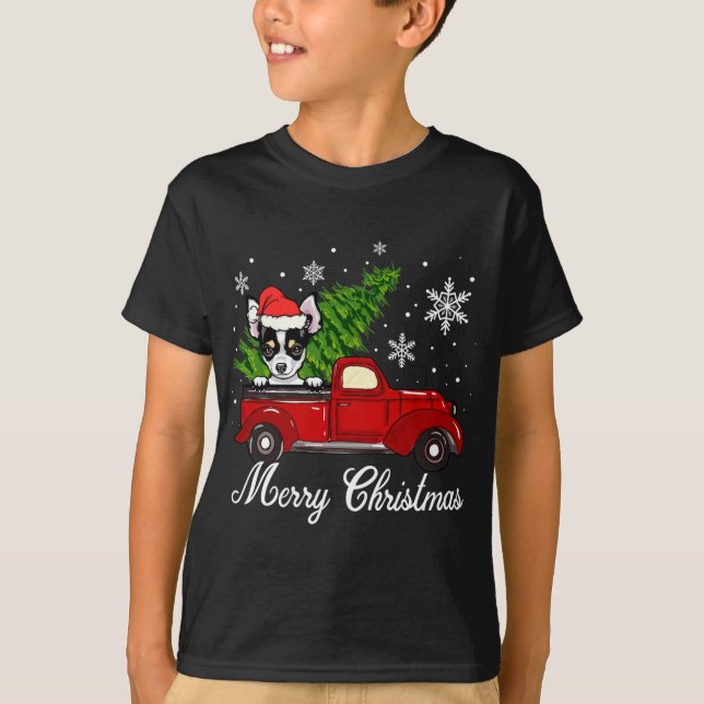Chihuahua Dog Riding Red Truck Weihnachtsdekoratio T-Shirt (Vorderseite)