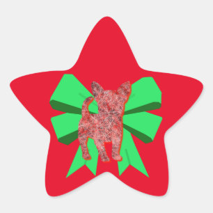 Chihuahua Dog Silhouette Red & Green Bow Weihnacht Stern-Aufkleber