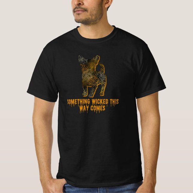 Chihuahua Dog Silhouette Spaß Orange Halloween T-Shirt (Vorderseite)