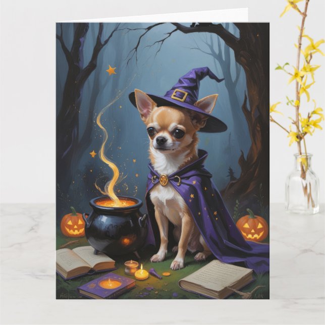 Chihuahua Dog Whimsical Halloween Malerei Karte (Gelbe Blume)
