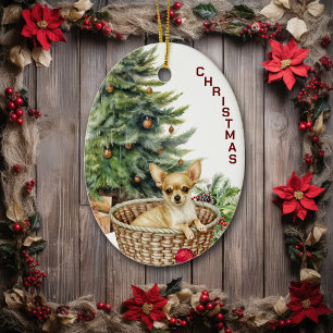 Chihuahua Dog Wicker Basket Weihnachten Keramik Ornament