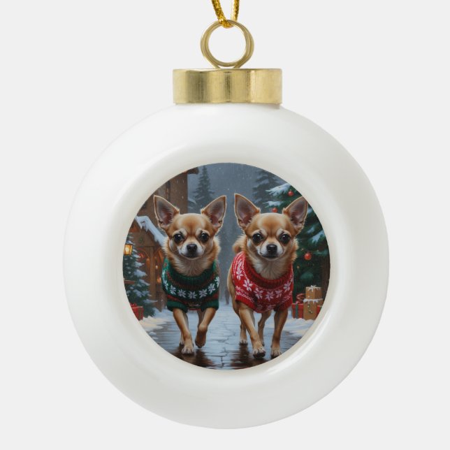 Chihuahua Dogs Christmas Snow Holiday Keramik Kugel-Ornament (Vorderseite)