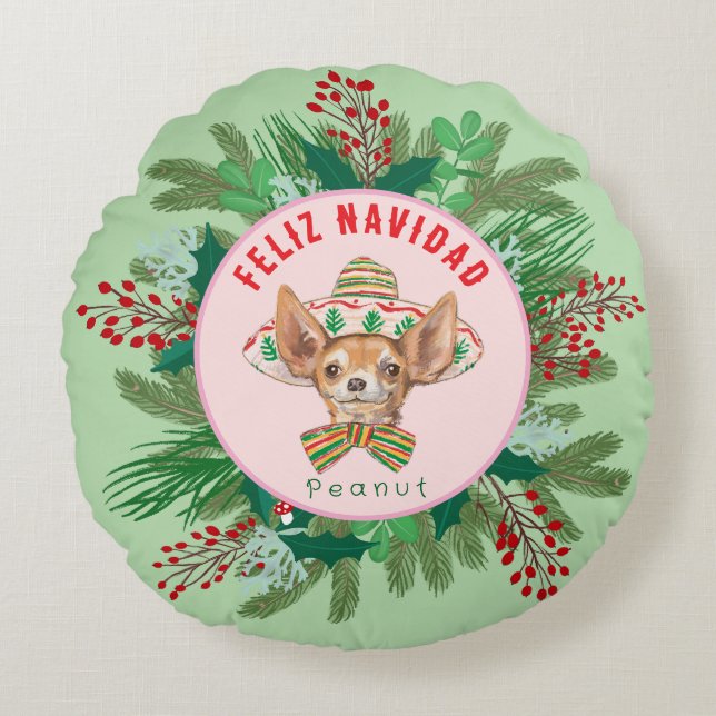 Chihuahua Feliz Navidad Happy Hollidays Kranz Rundes Kissen (Vorderseite)