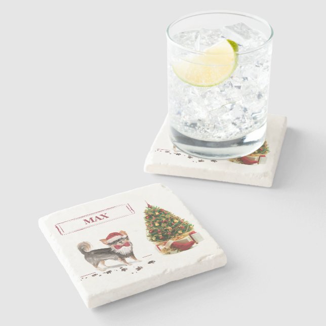 Chihuahua Funny Christmas Dog Tree Steinuntersetzer (Seitenansicht)