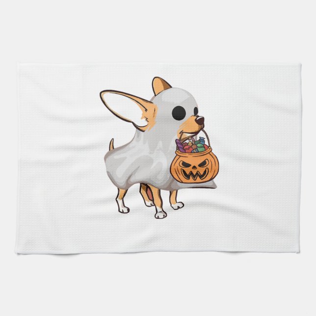Chihuahua-Geist-Kürbis-Halloween-Shirt Geschirrtuch (Horizontal)
