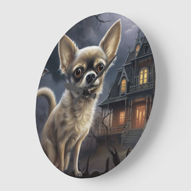 Chihuahua Halloween Beängstigend Große Wanduhr (Winkel)