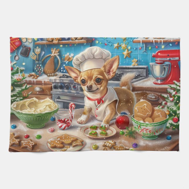Chihuahua Holiday Baking: Feierliche Weihnachten Geschirrtuch (Horizontal)