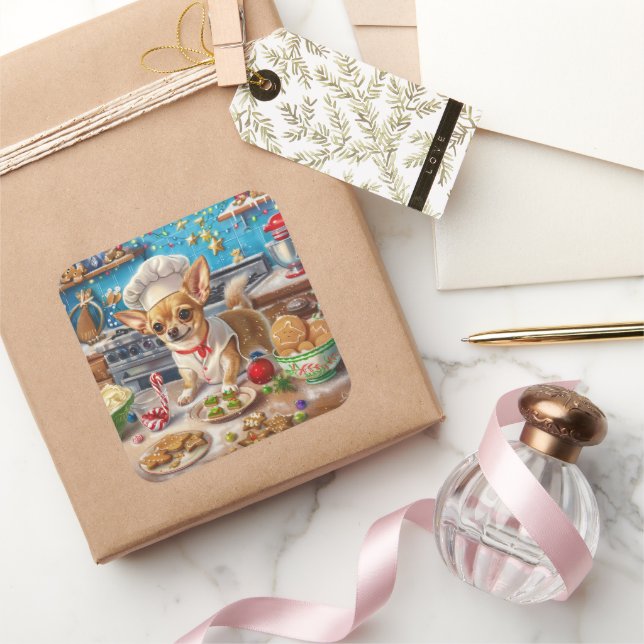 Chihuahua Holiday Baking: Feierliche Weihnachten Quadratischer Aufkleber (Schenken)